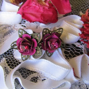 Floral Rhinestone Earrings, Pink Floral Earrings, Rose Costume Earrings, Vintage Costume Jewelry, Rhinestone Jewelry, Retro Jewelry