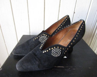 Chaussures Vintage Walter Steiger En Daim Noir - Taille 37B (US 7), Talon Haut 3 Pouces