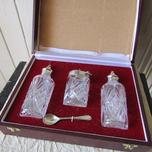 Boxed Sterling Silber Pressglas Condiment Set, Britisch Sterling Silber Montierte Tischset, Formtisch,