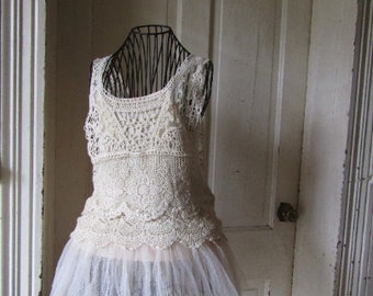 Abito Molly Bracken, Abito all'uncinetto, Mini abito, Abito tulle, Abito hippie, Abito da spiaggia, Abito beige, Abito all'uncinetto M, Abito casual