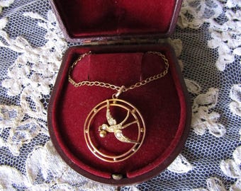 Antique 9k Gold Swallow Pendant Necklace, Early 20th Century Gold Necklace, Estate Jewelry