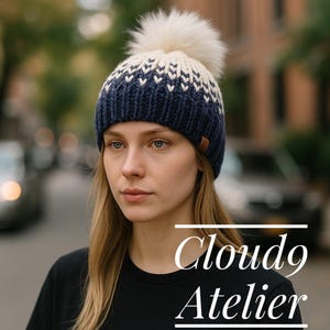 Fitted beanie, beanie, toque, hat, winter hat,gorro, blue, white, beanie with pom, gorro, handmade, knitted hat, gift for her