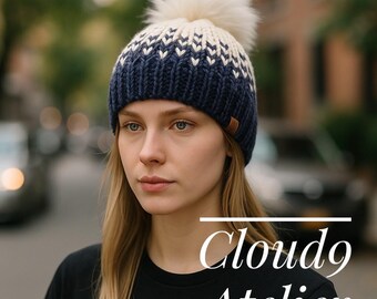 Handmade Knit Hat Blue White Faux Pearl Swirl Design Warm  display picture 1