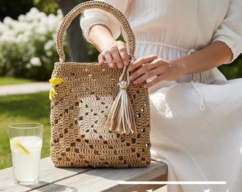 Handmade raffia bag, top handle, natural color, crochet tote, crochet bag, crochet purse