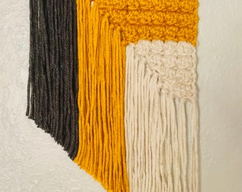 Modern Crochet Wall Hanging: Handmade Acrylic Yarn, Ivory, Gray, Yellow