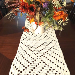 Crochet Table Runner: Ivory Cotton Boho Farmhouse Decor (14x50&quot;)