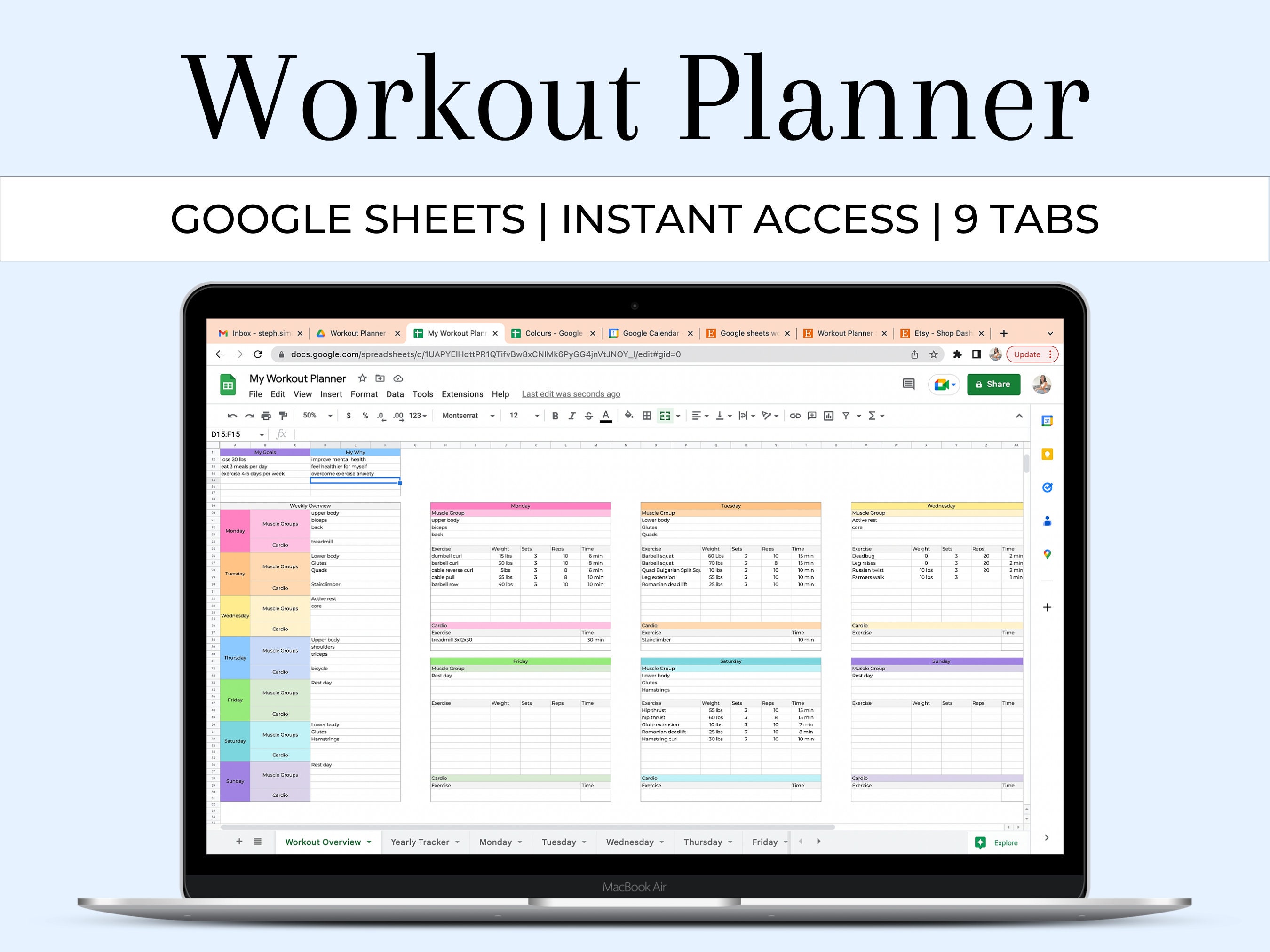 Workout Planner Fitness Planner Journal Google Sheets Etsy Canada