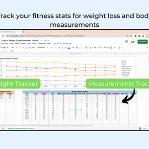 May include: A Google Sheets spreadsheet with two tabs labeled "Weight Tracker" and "Measurements Tracker". The "Weight Tracker" tab has columns for date, weight, and notes. The "Measurements Tracker" tab has columns for date, chest, waist, hips, right upper arm, left upper arm, right forearm, left forearm, right thigh, left thigh, right calf, and left calf.