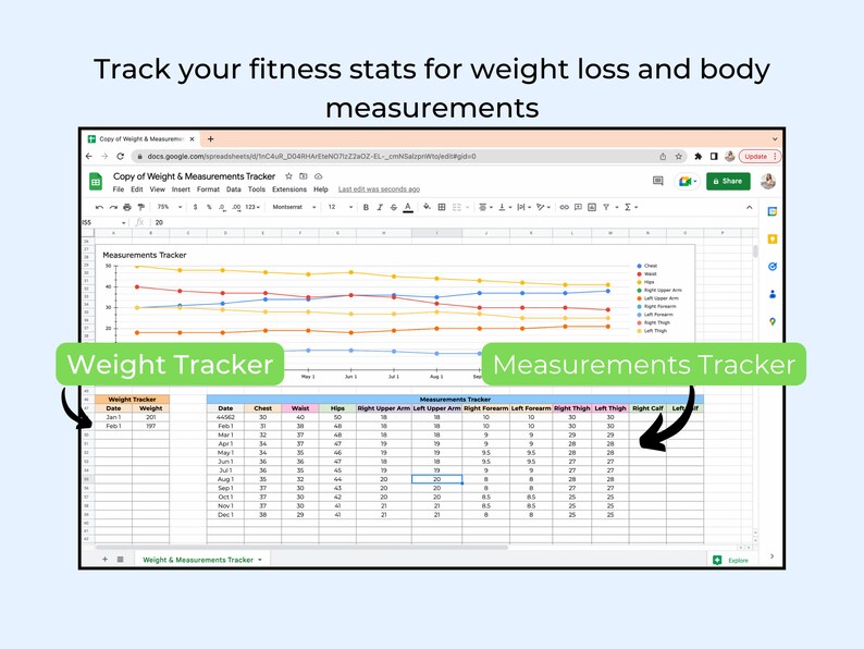 Weight Loss Tracker Body Measurements Tracker Google Sheets Digital