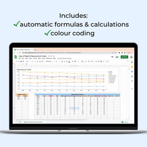 May include: A laptop screen displaying a Google Sheet with a weight and measurements tracker. The sheet includes a graph with colored lines representing different measurements and a table with data for weight, chest, waist, hips, and other measurements. The sheet also includes the text "Copy of Weight & Measurements Tracker".