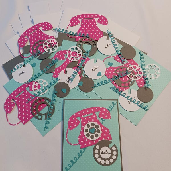 Kit para hacer tarjetas con teléfono giratorio divertido de los años 80, kit de tarjetas de felicitación hechas a mano con teléfono rosa y cable rizado, juego de 6 kits para hacer tarjetas caseras