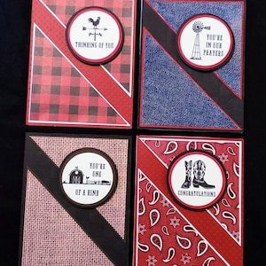 Kit de tarjetas de tela "Vida campestre" para hacer tú mismo: Arpillera, mezclilla, cachemir, cuadros (4 tarjetas)