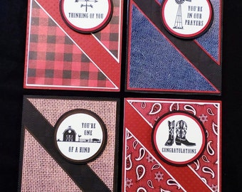 Handmade Fabric Design Greeting Card Kit Burlap, Denim, Paisley, Plaid (4 cards)