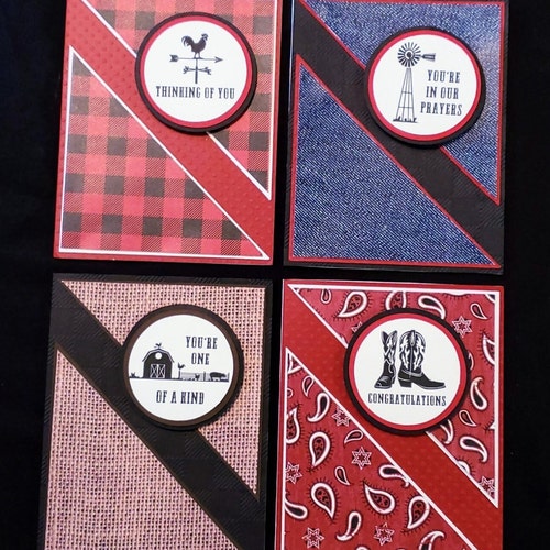 DIY Country Life Fabric Card Kit: Burlap, Denim, Paisley, Plaid (4 Cards)