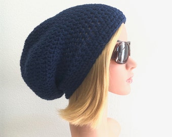 Navy blue slouch hat, blue slouch beanie, ORIGINAL large size, READY to ship, NEW listing, crochet womens slouch, solid color, free ship.