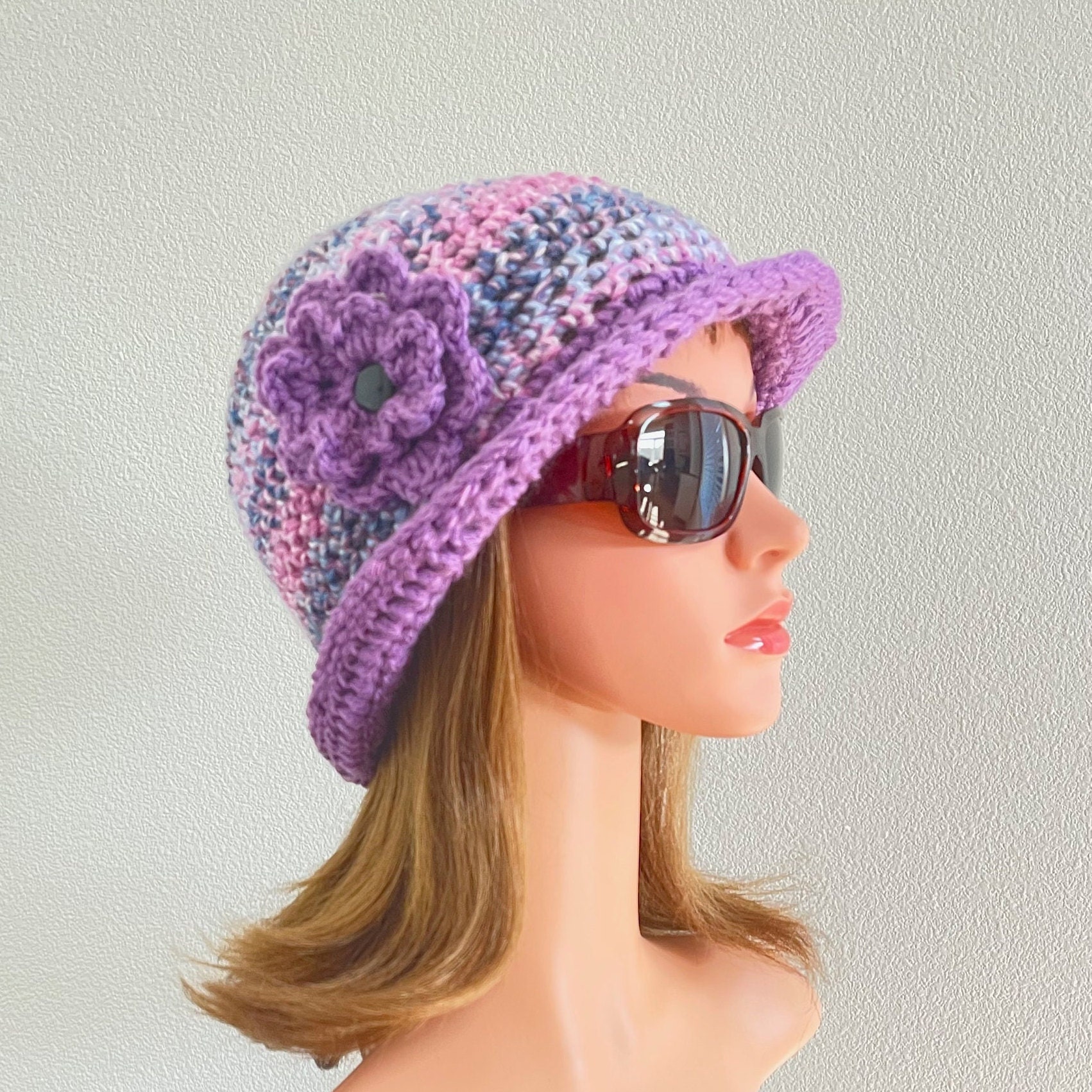 Handmade Blue & Pink Crochet Cloche Hat with Flower Accent Crochet Cloche Hat: 1920s Style, Removable Flower Pin - Etsy main image 2