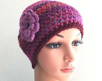 Gorro de punto para quimioterapia, con flor extraíble, de acrílico suave.
