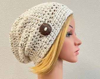 Tweedy slouchy beanie, ORIGINAL large size, READY to SHIP, optional button slouch, women's slouch hat, hipster hat, pick colors, free ship.