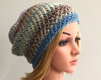 Hand Crocheted Slouchy Beanie, Striped Winter Hat, Pick Colors