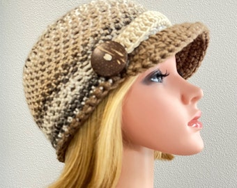 Crocheted newsboy hat, PICK Colors, READY to GO, newsboy cap, crocheted brim hat, women's billed cap, sun or rain brim hat, free shipping.