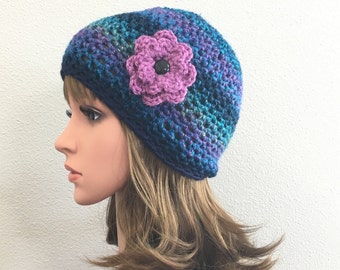 Skull cap beanie, PICK colors, simple flower beanie, basic flower hat, crochet skull cap, READY to ship, female flower cap. free shipping.
