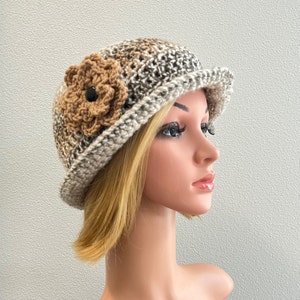 Tweedy slight turned up brim hat, crochet bucket hat, rolled brim hat, sun/rain hat, cloche hat, flower hat, brimmed beanie, free shipping.