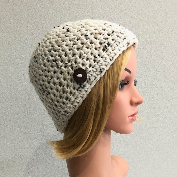 Basic tweedy cap, simple tweed skull cap, optional button or flower hat, tweedy beanie, READY to SHIP, crochet tweed cap, PICK your color.