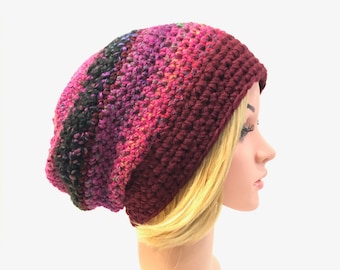 Crochet striped slouch hat, PICK COLOR, striped beanie, winter slouch hat, women's slouchy hat, crochet slouchy beanie, free shipping.