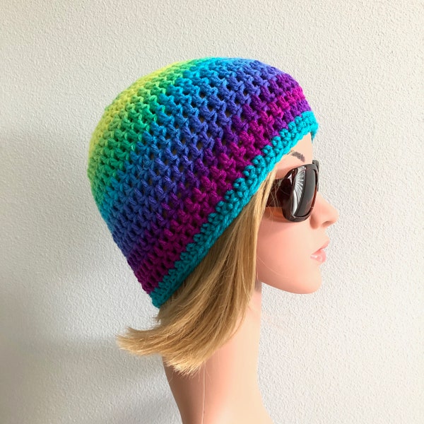 Bright rainbow skull cap, PICK NEW colors, bright striped beanie, crocheted skull cap, READY to ship, free shipping