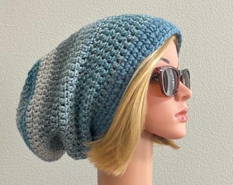 Extra Long Crochet Slouchy Beanie: Tweedy Knit Hat with Contrasting Band, PICK COLORS, free shipping, ready to go.