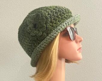 Sombrero de tweed verde con ala ligeramente levantada, sombrero de cubo de ganchillo, sombrero de ala enrollada, sombrero para el sol/lluvia, sombrero cloche, sombrero de flores, gorro con ala, envío gratis