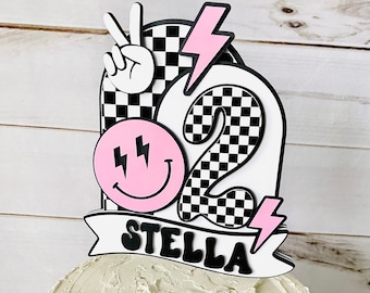 Smiley Face Cake Topper, Smiley Checkered Topper, Happy Girl Decor, Happy Girl Birthday