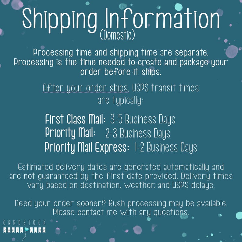 K&ouml;nnte beinhalten: Eine blaugr&uuml;ne Infografik mit wei&szlig;em Text, die nationale Versandrichtlinien erl&auml;utert. Sie listet USPS-Laufzeiten f&uuml;r First Class Mail, Priority Mail und Priority Mail Express auf, zusammen mit Hinweisen zu Bearbeitungszeiten und Lieferprognosen.