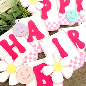 Pink Smiley Face Banner, Happy Girl Banner, Checkered Banner, Retro Checkered Decor