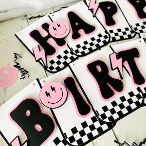 Pink Smiley Face Banner, Happy Girl Banner, Checkered Banner, Retro Checkered Decor