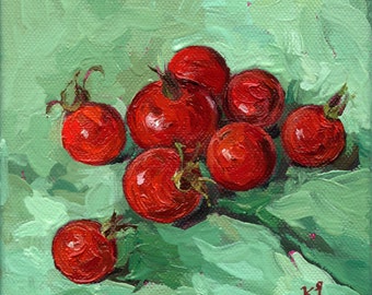 Mini RED tomatoes. Still Life. Original Oil Painting by KIMAZO.