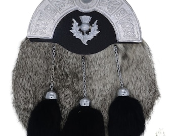 Scottish Full Dress Grey Rabbit Fur Antique Cantle Kilt Sporran & Thistle Badge