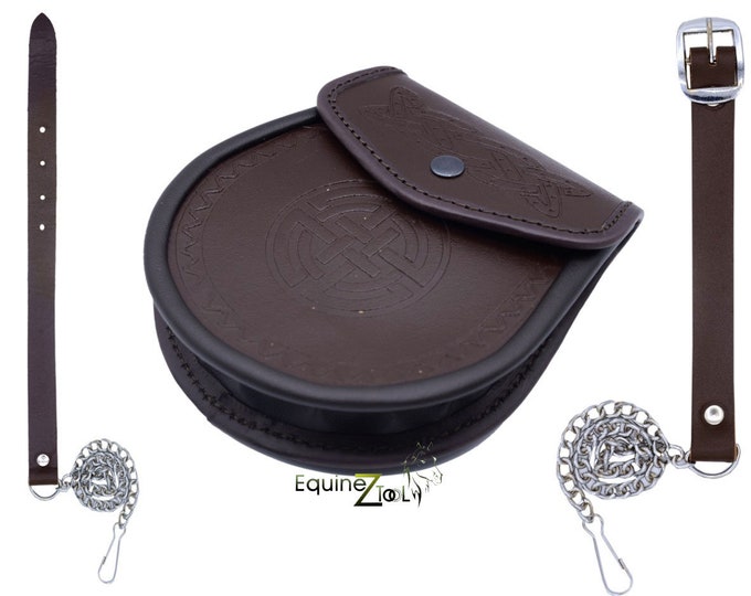 Black or Brown Grained Leather Sporran With 3 Tassels And Chain Belt