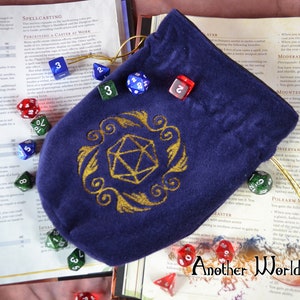 Blue Velvet D20 Dice bag with Embroidered Design Drawstring bag for Role Playing Games DnD Plush Dice Pouch in Stunning Blue Velvet
