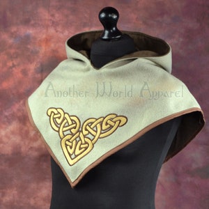 SMALL ADULT Brown and Gold Celtic knot embroidered hood Cowl Viking LARP