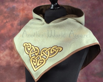 SMALL ADULT Brown and Gold Celtic knot embroidered hood Cowl Viking LARP