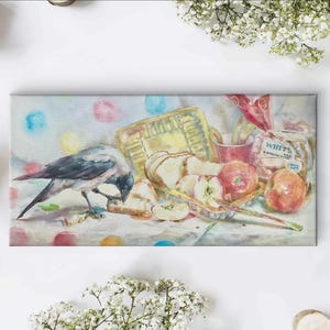 Opera d'arte originale ad acquerello "Natura morta con il corvo grigio e semi di mela" con cornice in legno inclusa