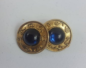 Large Blue Gold Tone Vintage Earrings