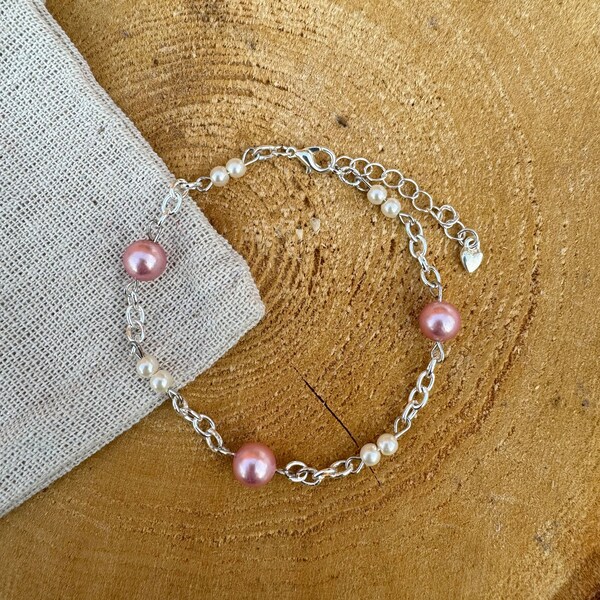 Pearl Link Bracelet, Hand Made Bracelet, Pink Pearls, White Pearls, Handmade Jewelry, Upcycled