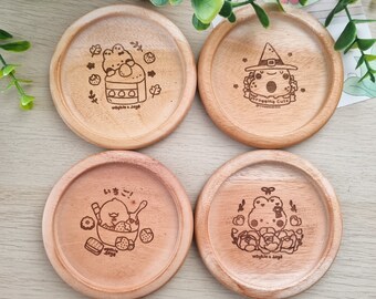 Cute Animals Wooden Coaster for Glass Mugs, Frog Wizard Motivational Quotes, Soya Peony Garden, Wookie Ice Cream Bowl, and Soya Choco Cake