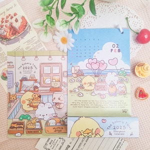 Großer 2025 Kawaii Schreibtisch Bilderbuch Kalender 2in1 A6 Größe - 12 Monate voller niedlichen Charakter Illustrationen von Wuukie und Soya