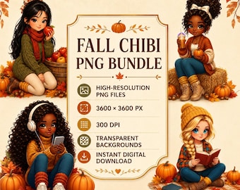 May include: A digital graphic set titled FALL CHIBI PNG BUNDLE featuring four illustrations of characters in autumn attire with pumpkins and fall foliage. The text includes specifications like 3600 x 3600 PX, 300 DPI, transparent backgrounds, and instant digital download.