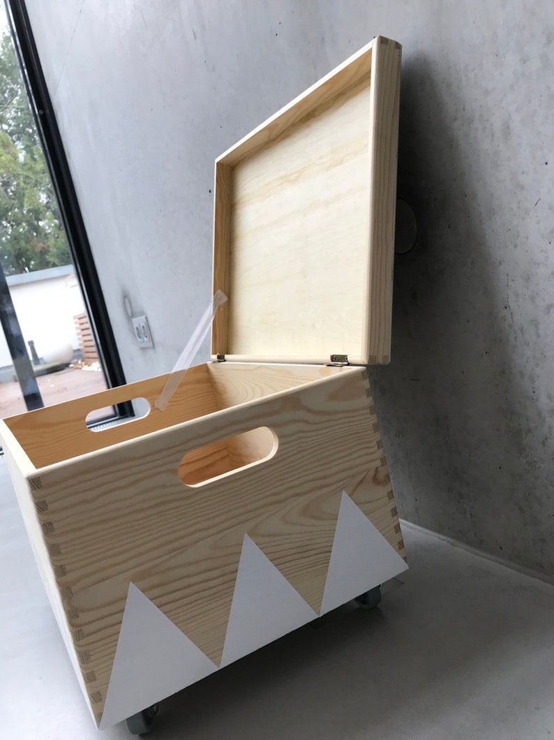 Wooden Toy Box Wheels Triangle White Lid Etsy