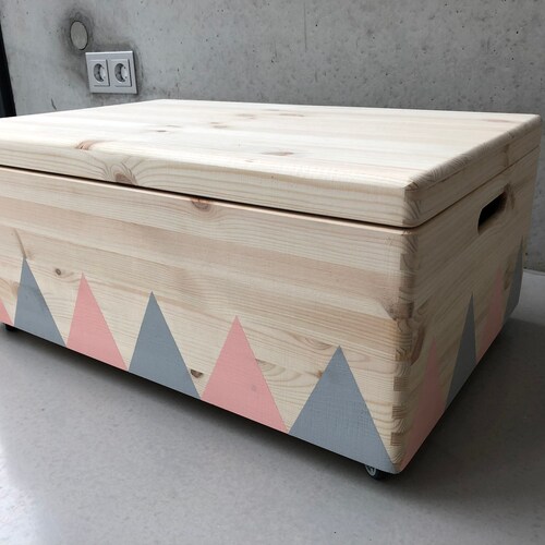 Wooden Toy Box Wheels Triangle White Lid Etsy