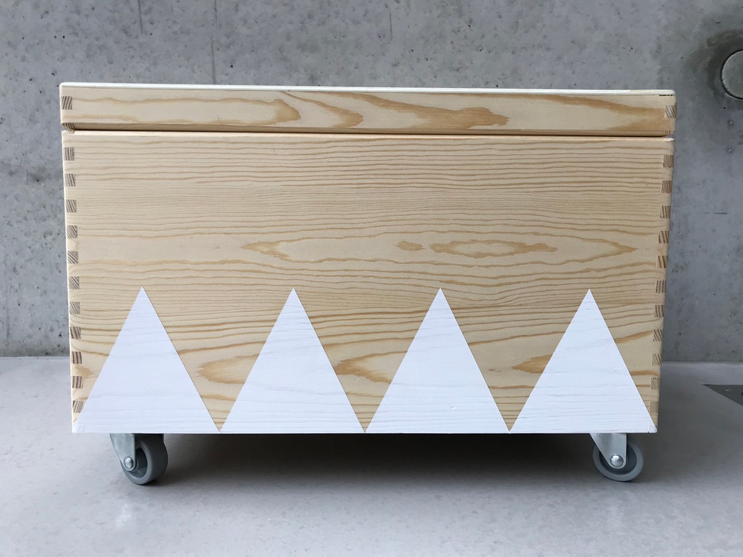 Wooden Toy Box Wheels Triangle White Lid Etsy